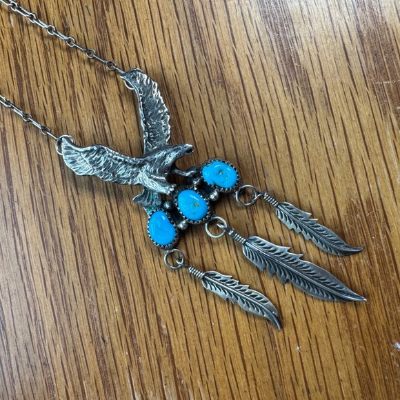 Sterling Silver Turquoise Eagle Feather Pendant Necklace Fannie Platero